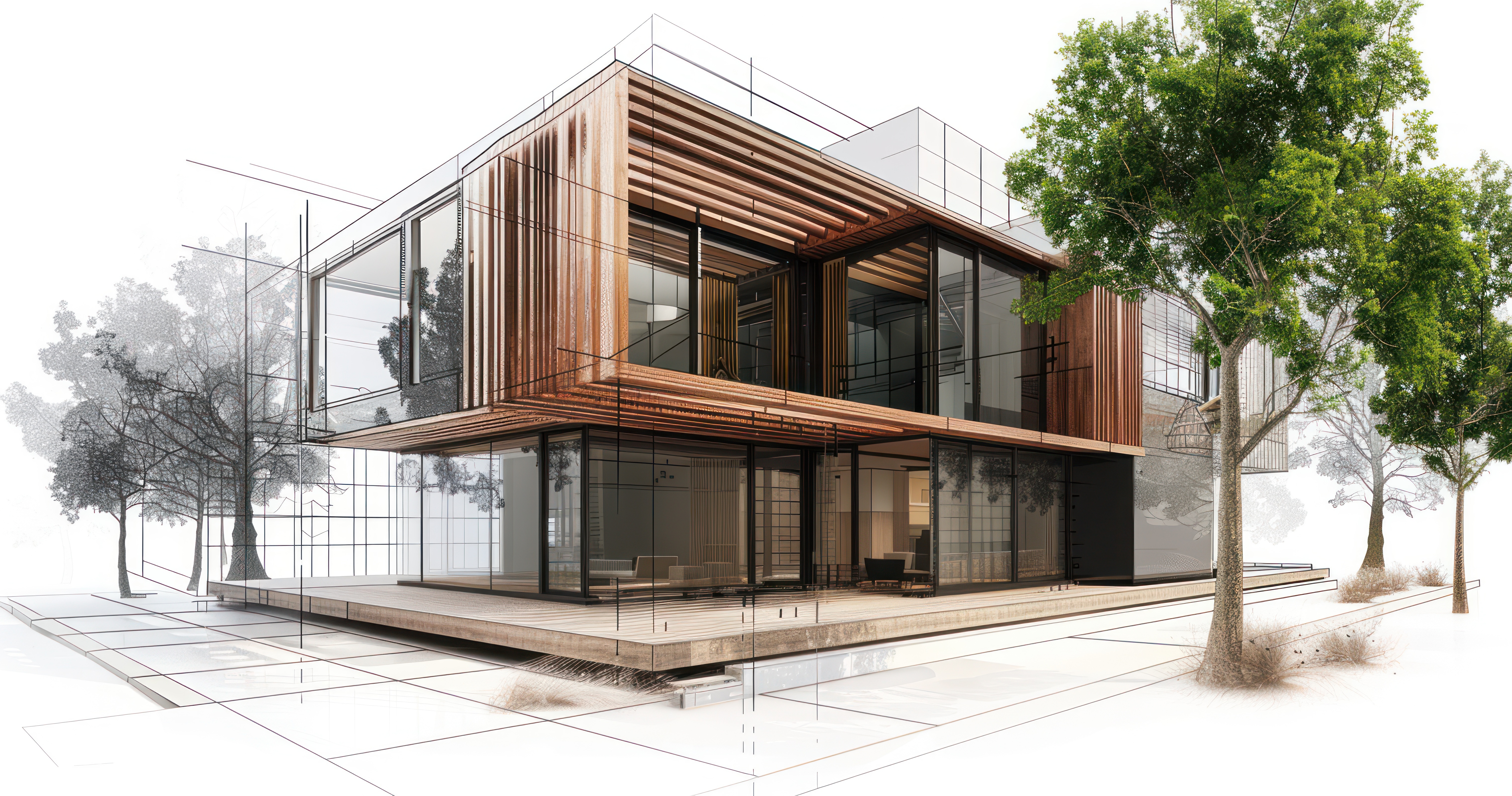 Architectural rendering of a completed timber and glass residential building