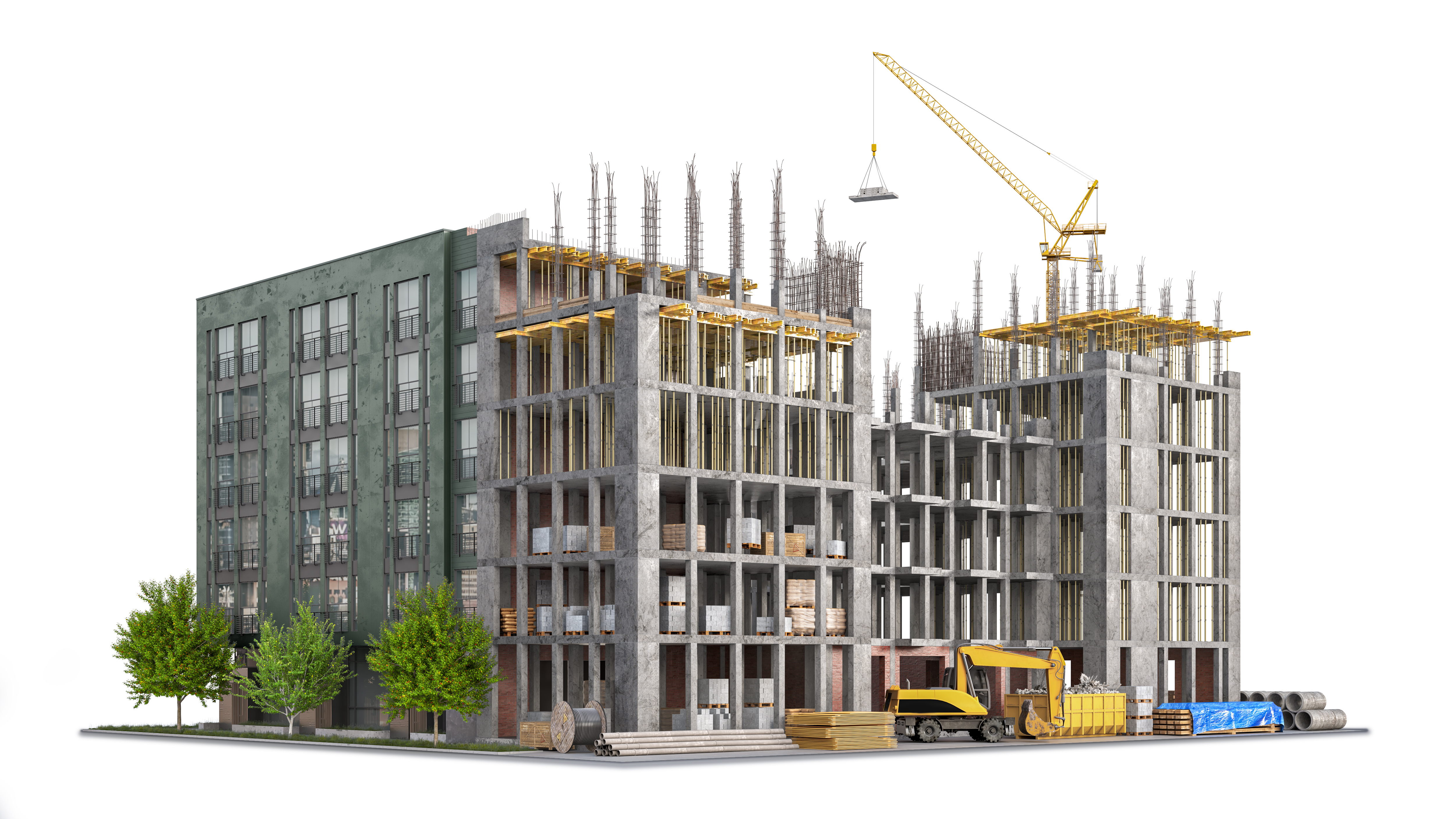 Rendering of a residential building under construction with a tower crane