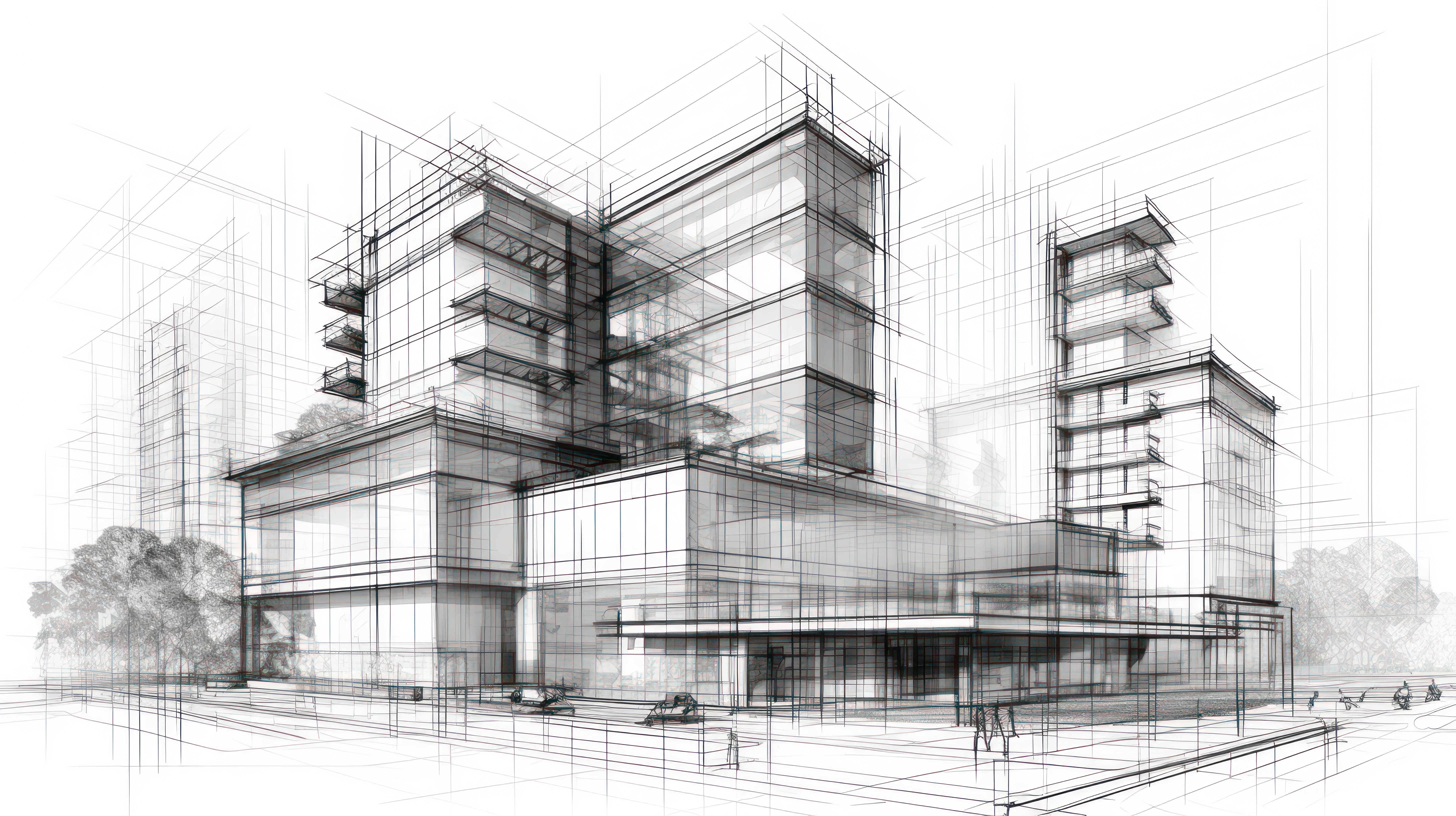 Wireframe architectural drawing of a multi-storey building